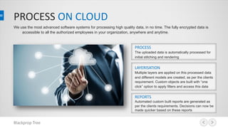 PROCESS ON CLOUD
Blackprop Tree
We use the most advanced software systems for processing high quality data, in no time. The fully encrypted data is
accessible to all the authorized employees in your organization, anywhere and anytime.
REPORTS
Automated custom built reports are generated as
per the clients requirements. Decisions can now be
made quicker based on these reports
LAYERISATION
Multiple layers are applied on this processed data
and different models are created, as per the clients
requirement. Custom objects are built with “one
click” option to apply filters and access this data
PROCESS
The uploaded data is automatically processed for
initial stitching and rendering
 