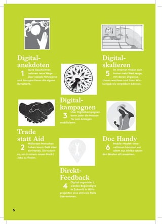 Digital-
anekdoten
Gute Geschichten
nehmen neue Wege
über soziale Netzwerke
und transportieren die eigene
Botschaft.
1
Digital-
skalieren
Im Internet finden sich
immer mehr Werkzeuge,
mit denen Organisa-
tionen wachsen und ihren Wir-
kungskreis vergrößern können.
5
Digital-
kampagnen
Über Digitalkampagnen
kann jeder die Massen
für sein Anliegen
mobilisieren.
3
Trade
statt Aid
Milliarden Menschen
haben kaum Geld aber
ein Handy. Sie nutzen
es, um in einem neuen Markt
Jobs zu finden.
2
Doc Handy
Mobile-Health-Inno-
vationen kommen vor
allem aus Afrika lassen
den Westen alt aussehen.
6
Direkt-
Feedback
Digital organisiert,
werden Begünstigte
in Zukunft in Hilfs-
projekten eine aktivere Rolle
übernehmen.
4
6
 