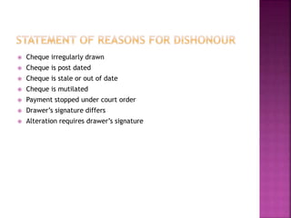  Cheque irregularly drawn
 Cheque is post dated
 Cheque is stale or out of date
 Cheque is mutilated
 Payment stopped under court order
 Drawer’s signature differs
 Alteration requires drawer’s signature
 