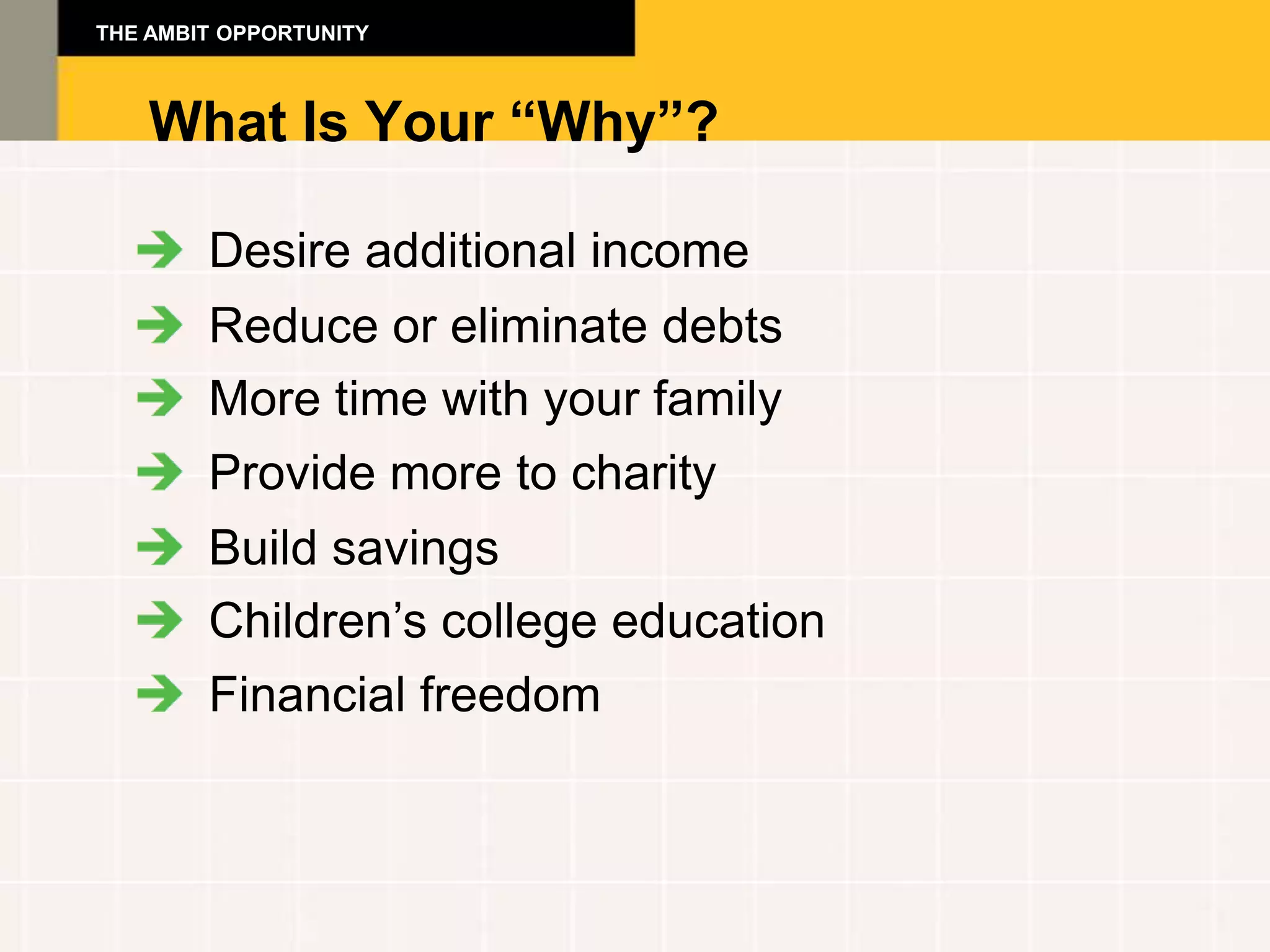 THE AMBIT OPPORTUNITY



    What Is Your “Why”?

        Desire additional income
        Reduce or eliminate debts
        More time with your family
        Provide more to charity
        Build savings
        Children’s college education
        Financial freedom
 