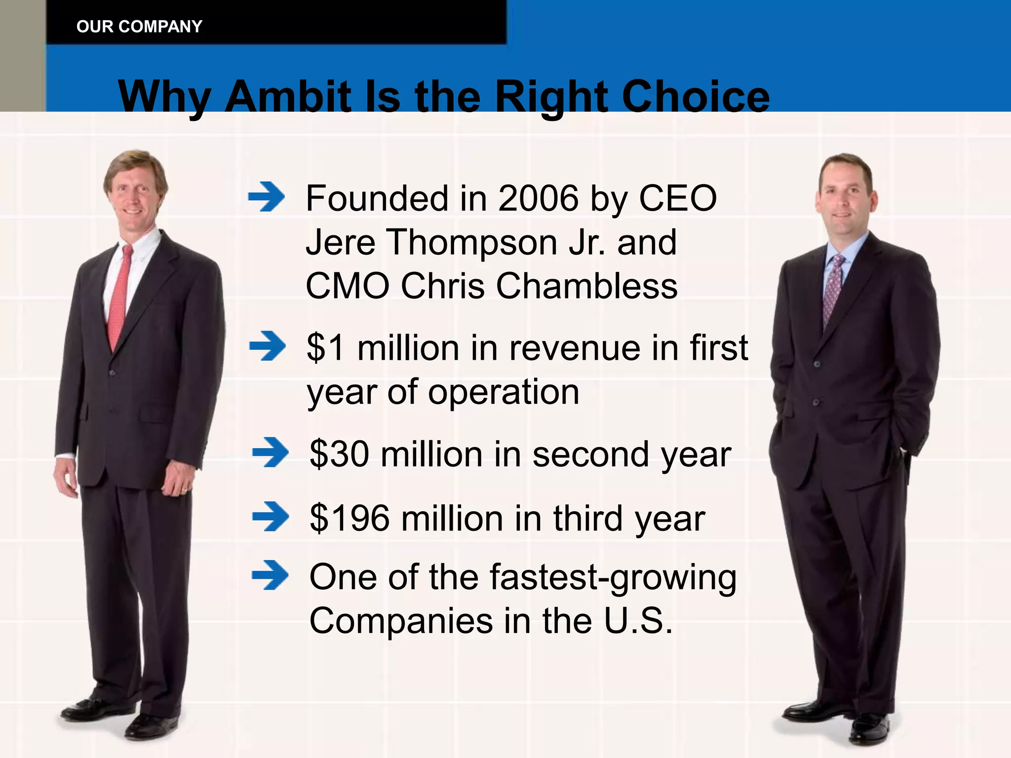 OUR COMPANY



   Why Ambit Is the Right Choice

              Founded in 2006 by CEO
              Jere Thompson Jr. and
              CMO Chris Chambless
              $1 million in revenue in first
              year of operation
              $30 million in second year
              $196 million in third year
              One of the fastest-growing
              Companies in the U.S.
 