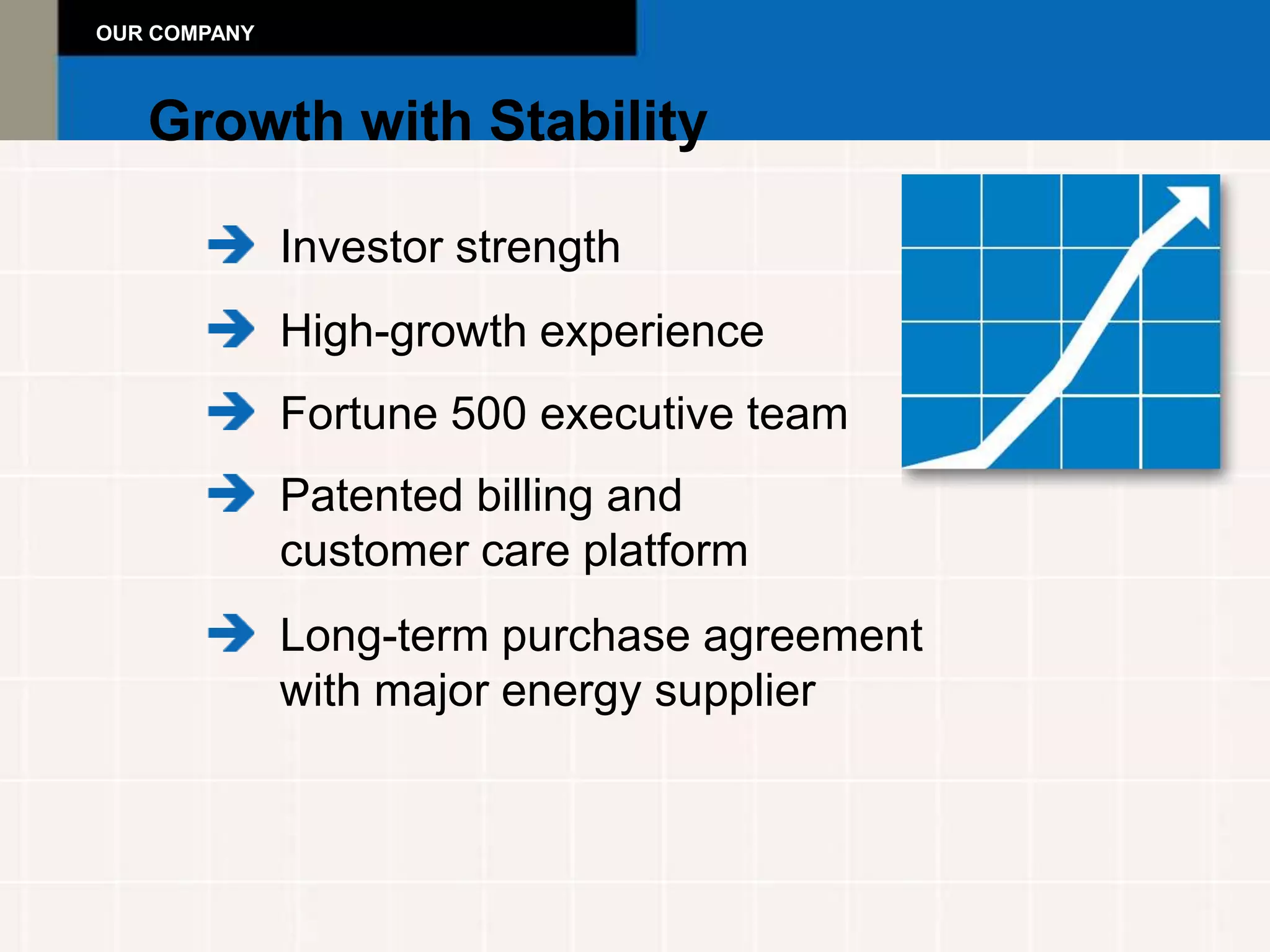 OUR COMPANY



   Growth with Stability

              Investor strength
              High-growth experience
              Fortune 500 executive team
              Patented billing and
              customer care platform
              Long-term purchase agreement
              with major energy supplier
 