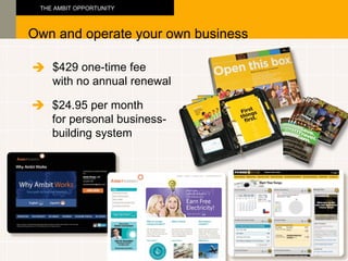 $429 one-time fee with no annual renewal Own and operate your own business THE AMBIT OPPORTUNITY  $24.95 per month  for personal business- building system  