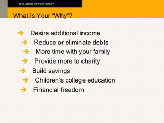 THE AMBIT OPPORTUNITY   Desire additional income  Reduce or eliminate debts  More time with your family  Provide more to charity  Build savings  Children’s college education  Financial freedom THE AMBIT OPPORTUNITY What Is Your “Why”? 