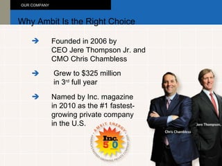 Founded in 2006 by  CEO Jere Thompson Jr. and CMO Chris Chambless Why Ambit Is the Right Choice OUR COMPANY   Grew to $325 million in 3 rd  full year   Named by Inc. magazine  in 2010 as the #1 fastest- growing private company in the U.S.   