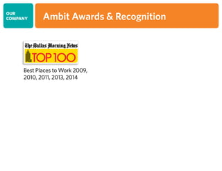 OUR
COMPANY Ambit Awards  Recognition
Best Places to Work 2009,
2010, 2011, 2013, 2014
 