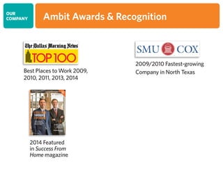 OUR
COMPANY Ambit Awards  Recognition
2009/2010 Fastest-growing
Company in North Texas
2014 Featured
in Success From
Home magazine
Best Places to Work 2009,
2010, 2011, 2013, 2014
 