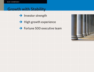 OUR COMPANY




Growth with Stability
        	 	 Investor strength

        	 	 High growth experience	

        	 	 Fortune 500 executive team	
 