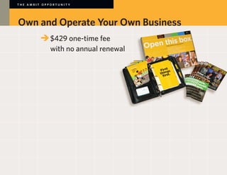 THE AMBIT OPPORTUNITY




Own and Operate Your Own Business
        	 	$429 one-time fee
        		 with no annual renewal
 