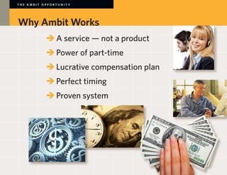 THE AMBIT OPPORTUNITY




Why Ambit Works
        	 	A service — not a product
        	 	Power of part-time
        	 	Lucrative compensation plan
        	 	Perfect timing
        	 	Proven system
        	
 