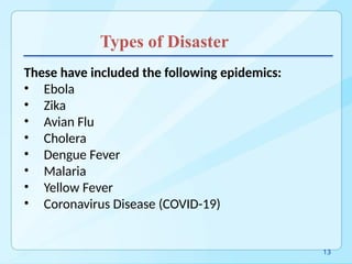 Types of Disaster
These have included the following epidemics:
• Ebola
• Zika
• Avian Flu
• Cholera
• Dengue Fever
• Malaria
• Yellow Fever
• Coronavirus Disease (COVID-19)
13
 
