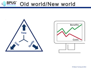 Old world/New world




        Time



Co
                   y t




   st
                  ali
               Qu




                         © Maven Training Ltd 2012
 