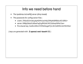 Info we need before hand
The ipaddress ActiveMQ server (dhcp based)
The passwords for configuration files :
client: 29l6wD2mIzbLpbp4GMnUzchHp2XWpKk8N8dcxXCnDRU=
server: 04BpZofasX1dDexFsqZcgfM1tkC4VCGI6hoziWMu7zw=
Pre-shared key: Gw8nclOGn1YiIMvEAxgeZ7jrL1ErCdZZXm2e7JX2S4o=
( keys are generated with : $ openssl rand -base64 32 )
 