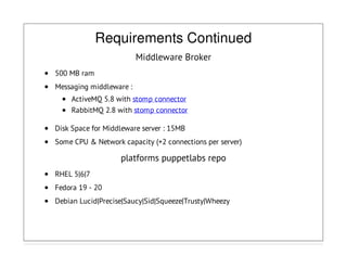 Requirements Continued
Middleware Broker
500 MB ram
Messaging middleware :
ActiveMQ 5.8 with stomp connector
RabbitMQ 2.8 with stomp connector
Disk Space for Middleware server : 15MB
Some CPU & Network capacity (+2 connections per server)
platforms puppetlabs repo
RHEL 5|6|7
Fedora 19 - 20
Debian Lucid|Precise|Saucy|Sid|Squeeze|Trusty|Wheezy
 