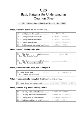 CES
Basic Patterns for Understanding
Question Sheet
STUDENTS SHOULD BRING THIS TO CLASS EVERY LESSON
When you didn't hear what the teachersaid...
①. ・ Could you say that again?........................ もう一度言ってください。
②. ・ Could you speak more slowly? ………... もう少しゆっくり言って下さい。
③. ・ Could you speak more clearly?................ もう少しはっきり言ってください。
④. ・ Could you speak louder? ......................... もう少し大きな声で言ってください。
⑤. ・ Could you write that on the board?......... それを黒板に書いてください。
When you don't understand a word...
⑥. ・ What does mean?.................. は、何という意味ですか？
E.g. What does thief mean?
⑦. ・ What does stand for?............ は、何を表すのですか？
E.g. What does B. P. U. stand for?
When you understand a word, but can't spell it...
⑧. ･ How do you spell ?................ は、どんなスペルですか？
E.g. How do you spell coffee?
When you understand a word, but don't know how to say it...
⑨. ･ How do you say this/that word?............... これは／それは）どのように発音するのです？
When you need help understanding an idea...
⑩. ・ I’m sorry, but I don’t understand. .......... すみません、私はわかりません。
⑪. ・ I’m sorry, but I still don’t understand. ... すみません、私はまだわかりません。
⑫. ・ Could you use an easier example?........... もっと易しい例で説明してください。
⑬. ・ Could you explain a bit more?................. もう少し説明してください。
 