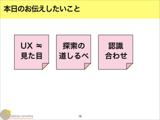 本日のお伝えしたいこと



  UX ＝    探索の   認識
  見た目    道しるべ   合わせ




           10
 
