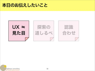 本日のお伝えしたいこと



  UX ＝    探索の   認識
  見た目    道しるべ   合わせ




           11
 