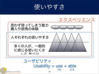 使いやすさ
                      エクスペリエンス
思わず使ってしまう魅力
購入や使用の体験

人それぞれの使いやすさ

多くの人が、一般的
に感じる使いにくさ
   (...が、無いこと)


    ユーザビリティ
       Usability = use + able
                      つか     える
                 15
 