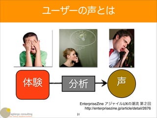 ユーザーの声とは




体験   分析                      声

      EnterpriseZine アジャイルUXの潮流 第２回
        http://enterprisezine.jp/article/detail/2676
     21
 