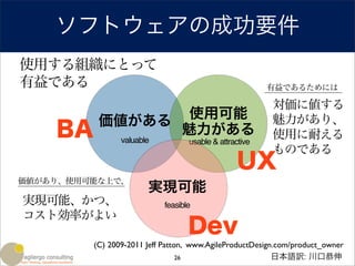 ソフトウェアの成功要件
使用する組織にとって
有益である                                                   有益であるためには

                                                        対価に値する
                 使用可能                                   魅力があり、
          価値がある
    BA          魅力がある
                valuable          usable & attractive
                                                        使用に耐える
                                                        ものである
                                                UX
価値があり、使用可能な上で、
                       実現可能
実現可能、かつ、                   feasible
コスト効率がよい
                                  Dev
         (C) 2009-2011 Jeff Patton, www.AgileProductDesign.com/product_owner
                                 26                       日本語訳: 川口恭伸
 