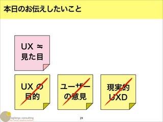 本日のお伝えしたいこと



  UX ＝
  見た目


  UX の   ユーザー   現実的
   目的    の意見    UXD

           29
 
