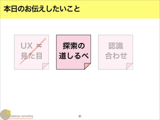 本日のお伝えしたいこと



  UX ＝    探索の   認識
  見た目    道しるべ   合わせ




           31
 