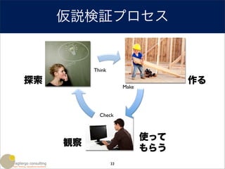 仮説検証プロセス



探索
      !   Think
                              !         作る
                       Make




                  !
            Check



                                  使って
     観察
                                  もらう
                  33
 