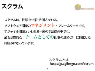 スクラム

スクラムは、世界中で採用が進んでいる、
ソフトウェア開発のマネジメント・フレームワークです。
アジャイル開発といわれる一連の手法群の中でも、
最も基礎的な「チームとしての仕事の進め方」に特化した
枠組みになっています。




                  スクラムとは
                  http://jp.agilergo.com/scrum
              4
 