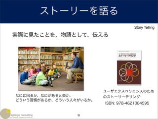 ストーリーを語る
                                      Story Telling

実際に見たことを、物語として、伝える




                         ユーザエクスペリエンスのため
なにに困るか、なにがあると楽か、         のストーリーテリング
どういう習慣があるか、どういう人々がいるか。
                         ISBN: 978-4621084595


                 51
 