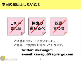 本日のお伝えしたいこと



  UX ＝    探索の         認識
  見た目    道しるべ         合わせ


   ご清聴ありがとうございました。
   ご意見、ご質問をお待ちしております。
     twitter: @kawaguti
     e-mail: kawaguti@agilergo.com
               52
 