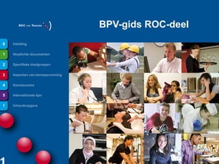 BPV-gids ROC-deel
0   Inleiding


1   Verplichte documenten


2   Specifieke doelgroepen


3   Aspecten van beroepsvorming


4   Kenniscentra


5   Internationale bpv


I   Inhoudsopgave




1
 