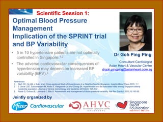 Scientific Session 1:
Optimal Blood Pressure
Management
Implication of the SPRINT trial
and BP Variability
Consultant Cardiologist
Asian Heart & Vascular Centre
drgoh.pingping@asianheart.com.sg
Jointly organized by
Dr Goh Ping Ping• 5 in 10 hypertensive patients are not optimally
controlled in Singapore.1,2
• The adverse cardiovascular consequences of
hypertension may depend on increased BP
variability (BPV).3
References:
1. Nieh CC, Ho LM, J Sule, et al. Cross-sectional Study of Hypertension in a Neighborhood in Singapore. Insights Blood Press 2015, 1:1.
2. 2. Seow LSE, Subramaniam M, Abdin E, Vaingankar JA and Chong SA. Hypertension and its associated risks among Singapore elderly
residential population. Journal of Clinical Gerontology and Geriatrics 2015;6(4): 125-132
3. Parati G, Ochoa JE, Lombardi C, Bilo G. Assessment and management of blood-pressure variability. Nat Rev Cardiol. 2013;10:143-55.
 