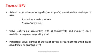 Types of BPV
• Animal tissue valves – xenografts(Heterografts) - most widely used type of
BPV
Stented Vs stentless valves
Porcine Vs bovine.
• Valve leaflets are crosslinked with glutaraldehyde and mounted on a
metallic or polymer supporting stent.
• Pericardial valves consist of sheets of bovine pericardium mounted inside
or outside a supporting stent
Bioprosthetic Valve Thrombosis
 