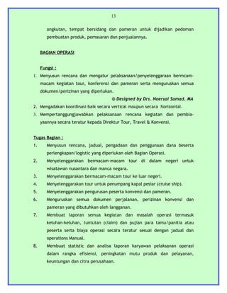 13


        angkutan, tempat bersidang dan pameran untuk dijadikan pedoman
        pembuatan produk, pemasaran dan penjualannya.


     BAGIAN OPERASI


     Fungsi :
1. Menyusun rencana dan mengatur pelaksanaan/penyelenggaraan bermcam-
     macam kegiatan tour, konferensi dan pameran serta menguruskan semua
     dokumen/perizinan yang diperlukan.
                                       © Designed by Drs. Noersal Samad. MA
2. Mengadakan koordinasi baik secara vertical maupun secara horizontal.
3. Mempertanggungjawabkan pelaksanaan rencana kegiatan dan pembia-
     yaannya secara teratur kepada Direktur Tour, Travel & Konvensi.


Tugas Bagian :
1.      Menyusun rencana, jadual, pengadaan dan penggunaan dana beserta
        perlengkapan/logistic yang diperlukan oleh Bagian Operasi.
2.      Menyelenggarakan bermacam-macam tour di dalam negeri untuk
        wisatawan nusantara dan manca negara.
3.      Menyelenggarakan bermacam-macam tour ke luar negeri.
4.      Menyelenggarakan tour untuk penumpang kapal pesiar (cruise ship).
5.      Menyelenggarakan pengurusan peserta konvensi dan pameran.
6.      Menguruskan semua dokumen perjalanan, perizinan konvensi dan
        pameran yang dibutuhkan oleh langganan.
7.      Membuat laporan semua kegiatan dan masalah operasi termasuk
        keluhan-keluhan, tuntutan (claim) dan pujian para tamu/panitia atau
        peserta serta biaya operasi secara teratur sesuai dengan jadual dan
        operations Manual.
8.      Membuat statistic dan analisa laporan karyawan pelaksanan operasi
        dalam rangka efisiensi, peningkatan mutu produk dan pelayanan,
        keuntungan dan citra perusahaan.
 