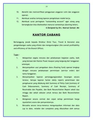 19


   10.    Meneliti dan memverifikasi penggunaan anggaran rutin dan anggaran
          operasi.
   11.    Membuat analisa tentang laporan pengelolaan modal kerja.
   12.    Membuat surat peringatan “outstanding account” agar utang yang
          bersangkutan bisa diselesaikan menurut semestinya (dunning letter).
                                        © Designed by Drs. Noersal Samad. MA


                       KANTOR CABANG

Bertanggung jawab kepada Direktur Divisi Tour, Travel & Konvensi atas
pengembangan usaha yang efisien dan menguntungkan (the overall profitability
and efficiency of the Branch Office).


Tugas :
   1.     Melaporkan segala rencana dan pelaksanaan kegiatan usaha, baik
          yang berasal dari Kantor Pusat maupun yang langsung dari langganan
          setempat.
   2.     Menyampaikan usul pengadaan dana (floating fund) operasi lengkap
          dengan rencana pelaksanaan permintaan (service order) dari
          tamu/langganan.
   3.     Menyampaikan      laporan     pertanggungjawaban   keuangan   secara
          teratur, berupa laporan harian (daily report) penerimaan dan
          pengeluaran yang didukung oleh Summary of Petty Cash,Summary of
          Cash Disbursement, Summary of Cash Receipt, Summary of
          Receivable dan Payable, dan Bank Reconciliation Report sekali dua
          minggu dan sekali sebulan untuk neraca dan Bank Reconciliation
          Report.
   4.     Mengawasi secara cermat dan cepat setiap permintaan harga
          (quotation) acara dan persyaratannya.
   5.     Berusaha secara terus-menerus mengumpulkan informasi dan data
          (up to date, reliable dan complete) yang dibutuhkan oleh semua
 