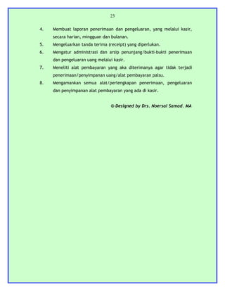 23


4.   Membuat laporan penerimaan dan pengeluaran, yang melalui kasir,
     secara harian, mingguan dan bulanan.
5.   Mengeluarkan tanda terima (receipt) yang diperlukan.
6.   Mengatur administrasi dan arsip penunjang/bukti-bukti penerimaan
     dan pengeluaran uang melalui kasir.
7.   Meneliti alat pembayaran yang aka diterimanya agar tidak terjadi
     penerimaan/penyimpanan uang/alat pembayaran palsu.
8.   Mengamankan semua alat/perlengkapan penerimaan, pengeluaran
     dan penyimpanan alat pembayaran yang ada di kasir.


                                 © Designed by Drs. Noersal Samad. MA
 