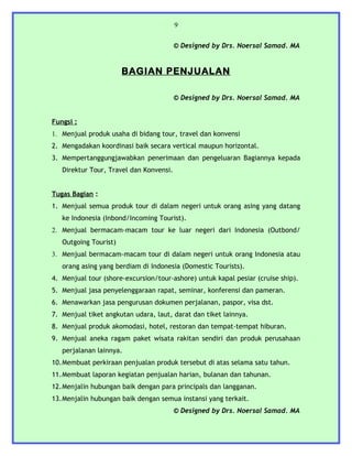 9


                                         © Designed by Drs. Noersal Samad. MA


                       BAGIAN PENJUALAN

                                         © Designed by Drs. Noersal Samad. MA


Fungsi :
1. Menjual produk usaha di bidang tour, travel dan konvensi
2. Mengadakan koordinasi baik secara vertical maupun horizontal.
3. Mempertanggungjawabkan penerimaan dan pengeluaran Bagiannya kepada
   Direktur Tour, Travel dan Konvensi.


Tugas Bagian :
1. Menjual semua produk tour di dalam negeri untuk orang asing yang datang
   ke Indonesia (Inbond/Incoming Tourist).
2. Menjual bermacam-macam tour ke luar negeri dari Indonesia (Outbond/
   Outgoing Tourist)
3. Menjual bermacam-macam tour di dalam negeri untuk orang Indonesia atau
   orang asing yang berdiam di Indonesia (Domestic Tourists).
4. Menjual tour (shore-excursion/tour-ashore) untuk kapal pesiar (cruise ship).
5. Menjual jasa penyelenggaraan rapat, seminar, konferensi dan pameran.
6. Menawarkan jasa pengurusan dokumen perjalanan, paspor, visa dst.
7. Menjual tiket angkutan udara, laut, darat dan tiket lainnya.
8. Menjual produk akomodasi, hotel, restoran dan tempat-tempat hiburan.
9. Menjual aneka ragam paket wisata rakitan sendiri dan produk perusahaan
   perjalanan lainnya.
10.Membuat perkiraan penjualan produk tersebut di atas selama satu tahun.
11.Membuat laporan kegiatan penjualan harian, bulanan dan tahunan.
12.Menjalin hubungan baik dengan para principals dan langganan.
13.Menjalin hubungan baik dengan semua instansi yang terkait.
                                         © Designed by Drs. Noersal Samad. MA
 