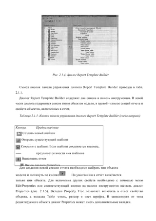 Рис. 2.1.4. Диалог Report Template Builder


   Смысл кнопок панели управления диалога Report Template Builder приведен в табл.
2.1.1.
   Диалог Report Template Builder содержит два списка и панель инструментов. В левой
части диалога содержится список типов объектов модели, в правой - список секций отчета и
свойств объектов, включенных в отчет.

   Таблица 2.1.1. Кнопки панели управления диалога Report Template Builder (слева направо)


Кнопка          Предназначение
        Создать новый шаблон

        Открыть существующий шаблон

    Сохранить шаблон. Если шаблон сохраняется впервые,

-----           предлагается внести имя шаблона
        Выполнить отчет

      Вызов диалога Properties
   Для создания новой секции отчета необходимо выбрать тип объекта

модели и щелкнуть по кнопке             По умолчанию в отчет включается
только имя объекта. Для включения других свойств необходимо с помощью меню
Edit/Properties или соответствующей кнопки на панели инструментов вызвать диалог
Properties (рис. 2.1.5). Вкладка Property Tree позволяет включить в отчет свойство
объекта, а вкладка Table -стиль, размер и цвет шрифта. В зависимости от типа
редактируемого объекта диалог Properties может иметь дополнительные вкладки.
 