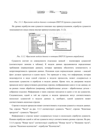 Рис. 3.1.1. Фрагмент модели данных в нотации IDEF1X (уровень сущностей)

  На уровне атрибутов имя сущности показано над прямоугольником, атрибуты сущности
показываются в виде списка внутри прямоугольника (рис. 3.1.2).




        Рис. 3.1.2. Фрагмент модели данных в нотации IDEF1X (уровень атрибутов)

  Сущности состоят из совокупности отдельных записей - экземпляров сущностей
(соответствуют записям в таблице). К модели данных предъявляются определенные
требования (нормализация данных), которые призваны обеспечить компактность и
непротиворечивость хранения данных. Основная идея нормализации данных - каждый
факт должен храниться в одном месте. Это приводит к тому, что информация, которая
моделируется в виде одной стрелки в модели процессов, может содержаться в
нескольких сущностях и атрибутах в модели данных. Кроме того, на диаграмме модели
процессов могут присутствовать различные стрелки, изображающие одни и те же данные, но
на разных этапах обработки (например, необработанные детали - обработанные детали -
собранное изделие). Информация о таких стрелках находится в одних и тех же сущностях.
Следовательно, одной и той же стрелке в модели процессов могут соответствовать
несколько   сущностей    в   модели   данных   и,   наоборот,    одной   сущности может
соответствовать несколько стрелок.
  Стрелке в модели процессов может соответствовать отдельная сущность в модели данных.
Так, стрелке "Части" на рис. 3.1.3 соответствует сущность "Часть", стрелке "Конечные
продукты" - сущность "Продукт".
  Информация о стрелке может содержаться только в нескольких атрибутах сущности.
Разным атрибутам одной и той же сущности могут соответствовать разные стрелки. На рис.
3.1.4 стрелка "Новая часть" соответствует атрибутам "Номер части" и "Название части",
стрелка "Наличное количество" - атрибутам "Количество".
 