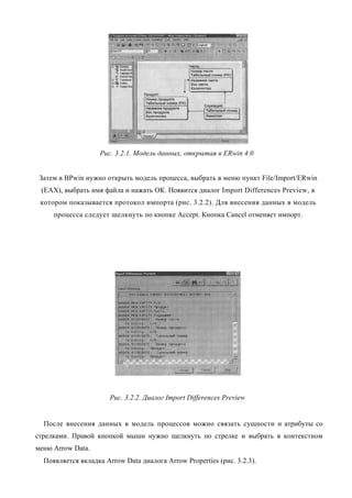 Рис. 3.2.1. Модель данных, открытая в ERwin 4.0


 Затем в BPwin нужно открыть модель процесса, выбрать в меню пункт File/Import/ERwin
 (ЕАХ), выбрать имя файла и нажать ОК. Появится диалог Import Differences Preview, в
 котором показывается протокол импорта (рис. 3.2.2). Для внесения данных в модель
     процесса следует щелкнуть по кнопке Accept. Кнопка Cancel отменяет импорт.




                       Рис. 3.2.2. Диалог Import Differences Preview


  После внесения данных в модель процессов можно связать сущности и атрибуты со
стрелками. Правой кнопкой мыши нужно щелкнуть по стрелке и выбрать в контекстном
меню Arrow Data.
  Появляется вкладка Arrow Data диалога Arrow Properties (рис. 3.2.3).
 