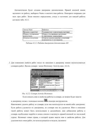 Автоматически будет создана диаграмма декомпозиции. Правой кнопкой мыши
    щелкните по работе, выберите Name и внесите имя работы. Повторите операцию для
    всех трех работ. Затем внесите определение, статус и источник для каждой работы
    согласно табл. 4.2.1.




                    Таблица 4.2,1. Работы диаграммы декомпозиции АО




2. Для изменения свойств работ после их внесения в диаграмму можно воспользоваться
  словарем работ. Вызов словаря - меню Dictionary /Activity (рис. 4.2.2).




                Рис. 4.2.2. Словарь Activity Dictionary
                Если описать имя и свойства работы в словаре, ее можно будет внести

  в диаграмму позже с помощью кнопки            в палитре инструментов.
  Невозможно удалить работу из словаря, если она используется на какой-либо диаграмме.
  Если работа удаляется из диаграммы, из словаря она не удаляется. Имя и описание
  такой работы может быть использовано в дальнейшем. Для добавления работы в
  словарь необходимо перейти в конец списка и щелкнуть правой кнопкой по последней
  строке. Возникает новая строка, в которой нужно внести имя и свойства работы. Для
  удаления всех имен работ, не использующихся в модели, щелкните
 