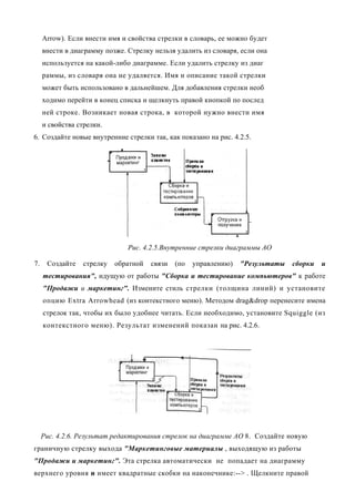 Arrow). Если внести имя и свойства стрелки в словарь, ее можно будет
     внести в диаграмму позже. Стрелку нельзя удалить из словаря, если она
     используется на какой-либо диаграмме. Если удалить стрелку из диаг
     раммы, из словаря она не удаляется. Имя и описание такой стрелки
     может быть использовано в дальнейшем. Для добавления стрелки необ
     ходимо перейти в конец списка и щелкнуть правой кнопкой по послед
     ней строке. Возникает новая строка, в которой нужно внести имя
     и свойства стрелки.
6. Создайте новые внутренние стрелки так, как показано на рис. 4.2.5.




                               Рис. 4.2.5.Внутренние стрелки диаграммы АО

7.    Создайте   стрелку   обратной   связи   (по   управлению)   "Результаты   сборки   и
     тестирования", идущую от работы "Сборка и тестирование компьютеров" к работе
     "Продажи и маркетинг". Измените стиль стрелки (толщина линий) и установите
     опцию Extra Arrowhead (из контекстного меню). Методом drag&drop перенесите имена
     стрелок так, чтобы их было удобнее читать. Если необходимо, установите Squiggle (из
     контекстного меню). Результат изменений показан на рис. 4.2.6.




     Рис. 4.2.6. Результат редактирования стрелок на диаграмме АО 8. Создайте новую
граничную стрелку выхода "Маркетинговые материалы , выходящую из работы
"Продажи и маркетинг". Эта стрелка автоматически не попадает на диаграмму
верхнего уровня и имеет квадратные скобки на наконечнике:--> . Щелкните правой
 