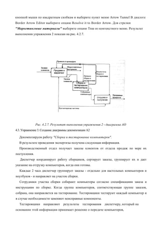 кнопкой мыши по квадратным скобкам и выберите пункт меню Arrow Tunnel В диалоге
Border Arrow Editor выберите опцию Resolve it to Border Arrow. Для стрелки
"Маркетинговые материалы" выберите опцию Тпш из контекстного меню. Результат
выполнения упражнения 2 показан на рис. 4.2.7.




               Рис. 4.2.7. Результат выполнения упражнения 2 - диаграмма АО
4.3. Упражнение 3. Создание диаграммы декомпозиции А2

  Декомпозируем работу "Сборка и тестирование компьютеров".
  В результате проведения экспертизы получена следующая информация.
  Производственный отдел получает заказы клиентов от отдела продаж по мере их
поступления.
   Диспетчер координирует работу сборщиков, сортирует заказы, группирует их и дает
указание на отгрузку компьютеров, когда они готовы.
  Каждые 2 часа диспетчер группирует заказы - отдельно для настольных компьютеров и
ноутбуков - и направляет на участок сборки.
  Сотрудники участка сборки собирают компьютеры согласно спецификациям заказа и
инструкциям по сборке. Когда группа компьютеров, соответствующая группе заказов,
собрана, она направляется на тестирование. Тестировщики тестируют каждый компьютер и
в случае необходимости заменяют неисправные компоненты.
  Тестировщики      направляют    результаты   тестирования   диспетчеру, который на
основании этой информации принимает решение о передаче компьютеров,
 