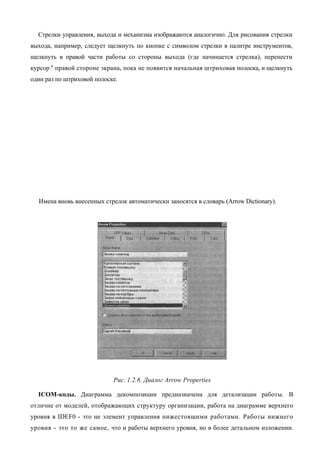 Стрелки управления, выхода и механизма изображаются аналогично. Для рисования стрелки
выхода, например, следует щелкнуть по кнопке с символом стрелки в палитре инструментов,
щелкнуть в правой части работы со стороны выхода (где начинается стрелка), перенести
курсор к правой стороне экрана, пока не появится начальная штриховая полоска, и щелкнуть
один раз по штриховой полоске.




  Имена вновь внесенных стрелок автоматически заносятся в словарь (Arrow Dictionary).




                            Рис. 1.2.8. Диалог Arrow Properties

  ICOM-коды. Диаграмма декомпозиции предназначена для детализации работы. В
отличие от моделей, отображающих структуру организации, работа на диаграмме верхнего
уровня в IDEF0 - это не элемент управления нижестоящими работами. Работы нижнего
уровня - это то же самое, что и работы верхнего уровня, но в более детальном изложении.
 