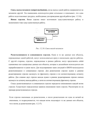 Связь выход-механизм (output-mechanism), когда выход одной работы направляется на
механизм другой. Эта взаимосвязь используется реже остальных и показывает, что одна
работа подготавливает ресурсы, необходимые для проведения другой работы (рис. 1.2.16).
  Явные стрелки. Явная стрелка имеет источником одну-единственную работу и
назначением тоже одну-единственную работу.




                                  Рис. 1.2.16. Связь выход-механизм


  Разветвляющиеся и сливающиеся стрелки. Одни и те же данные или объекты,
порожденные одной работой, могут использоваться сразу в нескольких других работах.
С другой стороны, стрелки, порожденные в разных работах, могут представлять собой
одинаковые или однородные данные или объекты, которые в дальнейшем используются или
перерабатываются в одном месте. Для моделирования таких ситуаций      B   IDEFO используются
разветвляющиеся и сливающиеся стрелки. Для разветвления стрелки нужно в режиме
редактирования стрелки щелкнуть по фрагменту стрелки и по соответствующему сегменту
работы. Для слияния двух стрелок выхода нужно в режиме редактирования стрелки сначала
щелкнуть по сегменту выхода работы, а затем по соответствующему фрагменту стрелки.
  Смысл разветвляющихся и сливающихся стрелок передается именованием каждой ветви
стрелок. Существуют определенные правила именования таких стрелок. Рассмотрим их на
примере разветвляющихся стрелок.


Если стрелка именована до разветвления, а после разветвления ни одна из ветвей не
именована, то подразумевается, что каждая ветвь моделирует те же данные или объекты,
что и ветвь до разветвления (рис. 1.2.17).
 