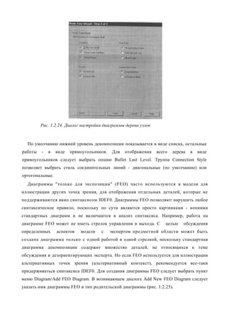 Рис. 1.2.24. Диалог настройки диаграммы дерева узлов



  По умолчанию нижний уровень декомпозиции показывается в виде списка, остальные
работы   -   в   виде   прямоугольников.   Для   отображения    всего   дерева   в   виде
прямоугольников следует выбрать опцию Bullet Last Level. Труппа Connection Style
позволяет выбрать стиль соединительных линий - диагональные (по умолчанию) или
ортогональные.
  Диаграммы "только для экспозиции" (FEO) часто используются в модели для
иллюстрации других точек зрения, для отображения отдельных деталей, которые не
поддерживаются явно синтаксисом IDEF0. Диаграммы FEO позволяют нарушить любое
синтаксическое правило, поскольку по сути являются просто картинками - копиями
стандартных диаграмм и не включаются в анализ синтаксиса. Например, работа на
диаграмме FEO может не иметь стрелок управления и выхода. С         целью    обсуждения
определенных     аспектов   модели   с     экспертом предметной области может быть
создана диаграмма только с одной работой и одной стрелкой, поскольку стандартная
диаграмма декомпозиции содержит множество деталей, не относящихся к теме
обсуждения и дезориентирующих эксперта. Но если FEO используется для иллюстрации
альтернативных точек зрения (альтернативный контекст), рекомендуется все-таки
придерживаться синтаксиса IDEF0. Для создания диаграммы FEO следует выбрать пункт
меню Diagram/Add FEO Diagram. В возникающем диалоге Add New FEO Diagram следует
указать имя диаграммы FEO и тип родительской диаграммы (рис. 1.2.25).
 