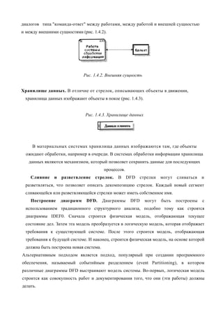 диалогов типа "команда-ответ" между работами, между работой и внешней сущностью
и между внешними сущностями (рис. 1.4.2).




                              Рис. 1.4.2. Внешняя сущность


Хранилище данных. В отличие от стрелок, описывающих объекты в движении,
 хранилища данных изображают объекты в покое (рис. 1.4.3).


                              Рис. 1.4.3. Хранилище данных




     В материальных системах хранилища данных изображаются там, где объекты
  ожидают обработки, например в очереди. В системах обработки информации хранилища
   данных являются механизмом, который позволяет сохранить данные для последующих
                                         процессов.
    Слияние    и   разветвление    стрелок.    В      DFD    стрелки   могут   сливаться   и
  разветвляться, что позволяет описать декомпозицию стрелок. Каждый новый сегмент
  сливающейся или разветвляющейся стрелки может иметь собственное имя.
    Построение     диаграмм    DFD.      Диаграммы     DFD     могут   быть    построены   с
  использованием традиционного структурного анализа, подобно тому как строятся
  диаграммы IDEF0. Сначала строится физическая модель, отображающая текущее
  состояние дел. Затем эта модель преобразуется в логическую модель, которая отображает
  требования к существующей системе. После этого строится модель, отображающая
  требования к будущей системе. И наконец, строится физическая модель, на основе которой
  должна быть построена новая система.
Альтернативным подходом является подход, популярный при создании программного
обеспечения, называемый событийным разделением (event Partitioning), в котором
различные диаграммы DFD выстраивают модель системы. Во-первых, логическая модель
строится как совокупность работ и документирования того, что они (эти работы) должны
делать.
 