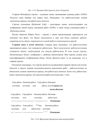 Рис. 1.4.5. Вкладка Style диалога Arrow Properties

   Старшая (Precedence) стрелка - сплошная линия, связывающая единицы работ (UOW).
Рисуется слева направо или сверху вниз. Показывает, что работа-источник должна
закончиться прежде, чем работа-цель начнется.
   Стрелка отношения (Relational Link) - пунктирная линия, использующаяся для
изображения связей между единицами работ (UOW), а также между единицами работ и
объектами ссылок.
   Потоки объектов (Object Flow) - стрелка с двумя наконечниками, применяется для
описания того факта, что объект используется в двух или более единицах работы,
например когда объект порождается в одной работе и используется в другой.
  Старшая связь и поток объектов. Старшая связь показывает, что работа-источник
заканчивается ранее, чем начинается работа-цель. Часто результатом работы-источника
становится объект, необходимый для запуска работы-цели. В этом случае стрелку,
обозначающую объект, изображают с двойным наконечником. Имя стрелки должно ясно
идентифицировать отображаемый объект. Поток объектов имеет ту же семантику, что и
старшая стрелка.
  Отношение показывает, что стрелка является альтернативой старшей стрелке или потоку
объектов в смысле задания последовательности выполнения работ - работа-источник не
обязательно должна закончиться прежде, чем работа-цель начнется. Более того, работа-цель
может закончиться прежде, чем закончится работа-источник (рис. 1.4.6).


   Старт работы Окончание работы Старт работы- Окончание
   -источника       -источника         цели           работы -цели Старшая или
                                                                      поток объектов

 Старт работы        Старт работы- Окончание работы Окончание
 -источника          цели                -источника                 работы-цели
  ----' ------------ '----------------- ' ------------- '-----        Отношение

 Старт работы        Старт работы-          °к°™ние         Окончание работы
 -источника          цели            работы-цели       -источника
 ---- ' ----------- ' ----------------- '------------- 1 --------     Отношение


                                   Рис. 1.4.6. Временная диаграмма выполнения работ
 