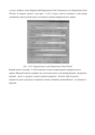 следует выбрать меню Diagram/Add Organization Chart. Появляется гид Organization Chart
Wizard. В первом диалоге гида (рис. 1.4.21) следует внести название и имя автора
диаграммы, группу ролей и роль для верхнего уровня иерархического дерева.




                Рис. 1.4.21. Первый диалог гида Organization Chart Wizard
Второй диалог гида (рис. 1.4.22) позволяет создать второй уровень иерархического
дерева. Верхний список содержит все доступные роли с ассоциированными ресурсами,
нижний - роли и ресурсы второго уровня иерархии. Кнопка Add позволяет
перенести роли и ресурсы из верхнего списка в нижний, кнопка Remove - из нижнего в
верхний.
 