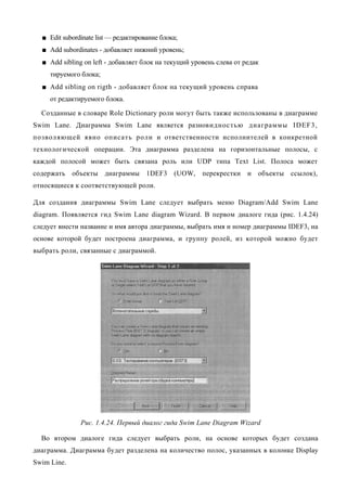 ■ Edit subordinate list — редактирование блока;
  ■ Add subordinates - добавляет нижний уровень;
  ■ Add sibling on left - добавляет блок на текущий уровень слева от редак
     тируемого блока;
  ■ Add sibling on rigth - добавляет блок на текущий уровень справа
     от редактируемого блока.

  Созданные в словаре Role Dictionary роли могут быть также использованы в диаграмме
Swim Lane. Диаграмма Swim Lane является разновидностью диаграммы IDEF3,
позволяющей явно описать роли и ответственности исполнителей в конкретной
технологической операции. Эта диаграмма разделена на горизонтальные полосы, с
каждой полосой может быть связана роль или UDP типа Text List. Полоса может
содержать объекты диаграммы 1DEF3 (UOW, перекрестки и объекты ссылок),
относящиеся к соответствующей роли.

Для создания диаграммы Swim Lane следует выбрать меню Diagram/Add Swim Lane
diagram. Появляется гид Swim Lane diagram Wizard. В первом диалоге гида (рис. 1.4.24)
следует внести название и имя автора диаграммы, выбрать имя и номер диаграммы IDEF3, на
основе которой будет построена диаграмма, и группу ролей, из которой можно будет
выбрать роли, связанные с диаграммой.




               Рис. 1.4.24. Первый диалог гида Swim Lane Diagram Wizard

  Во втором диалоге гида следует выбрать роли, на основе которых будет создана
диаграмма. Диаграмма будет разделена на количество полос, указанных в колонке Display
Swim Line.
 